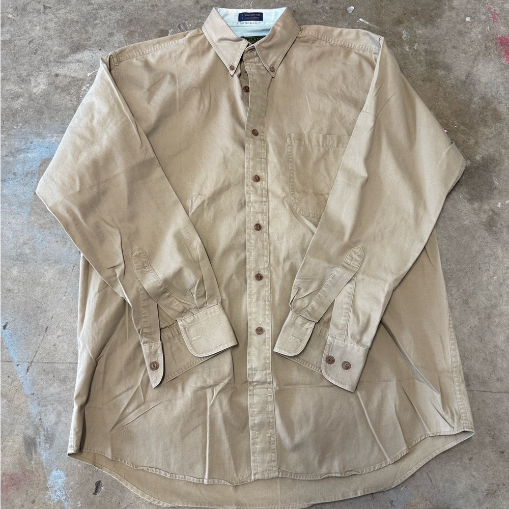 Vintage Chaps Ralph Lauren Khaki Button Down Dress Shirt Long Sleeve Size Large